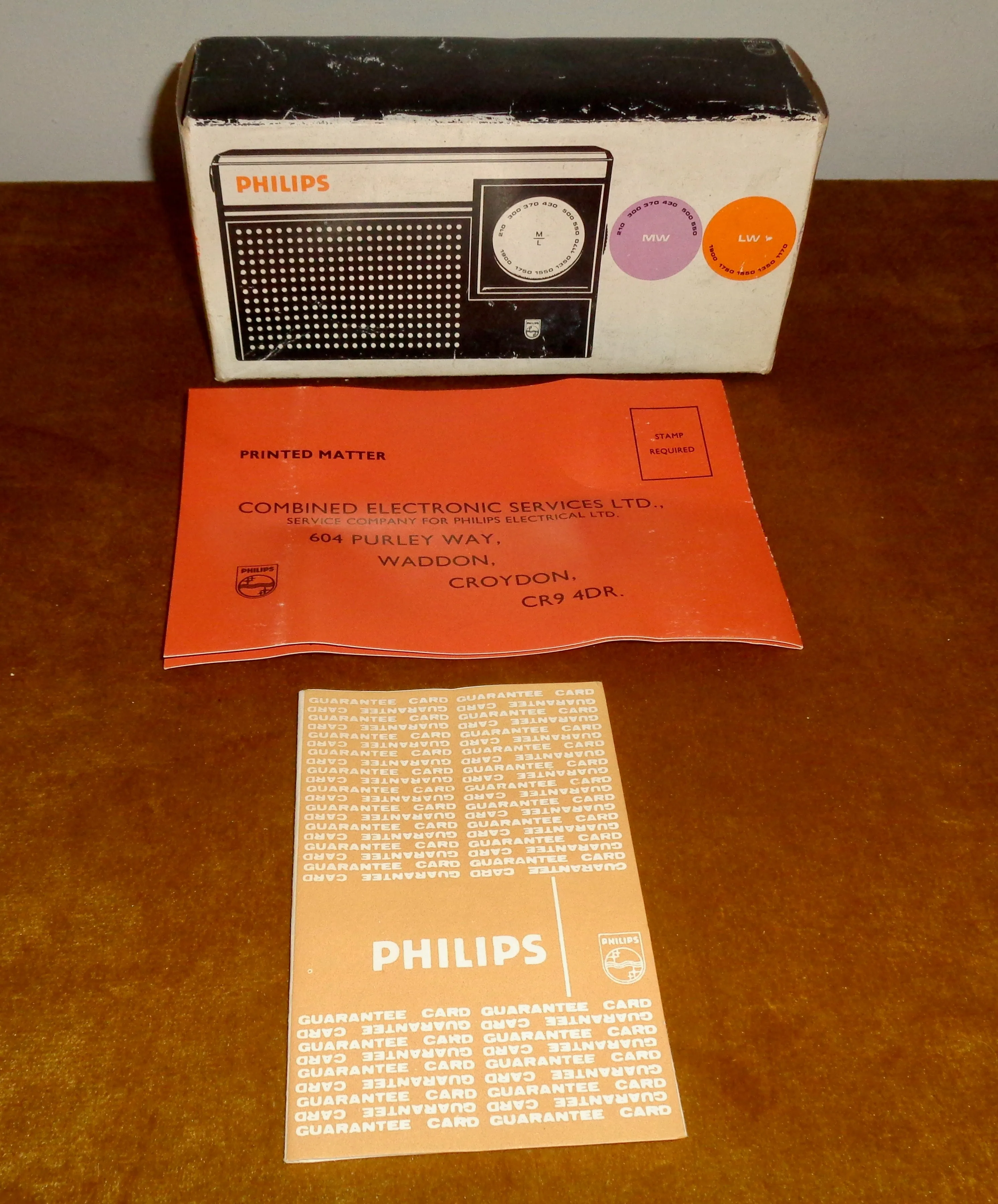 1970s Philips 90RL011 MW/LW Pocket Transistor Radio In Black With Its Original Box