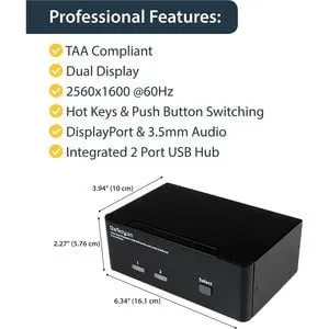 2 PORT DUAL DISPLAYPORT USB KVM SWITCH WITH AUDIO  USB 2.0 HUB