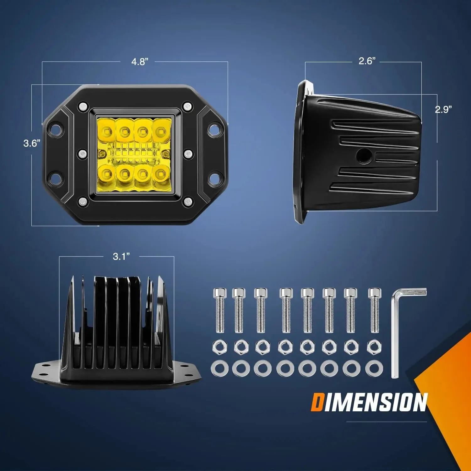 4.8 Inch 42W 7800LM Amber Flush Mount Spot Flood LED Work Lights (Pair) | 16AWG Wire 3Pin Switch