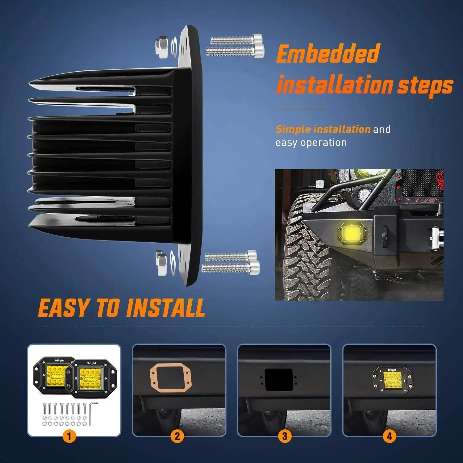 4.8 Inch 42W 7800LM Amber Flush Mount Spot Flood LED Work Lights (Pair) | 16AWG Wire 3Pin Switch