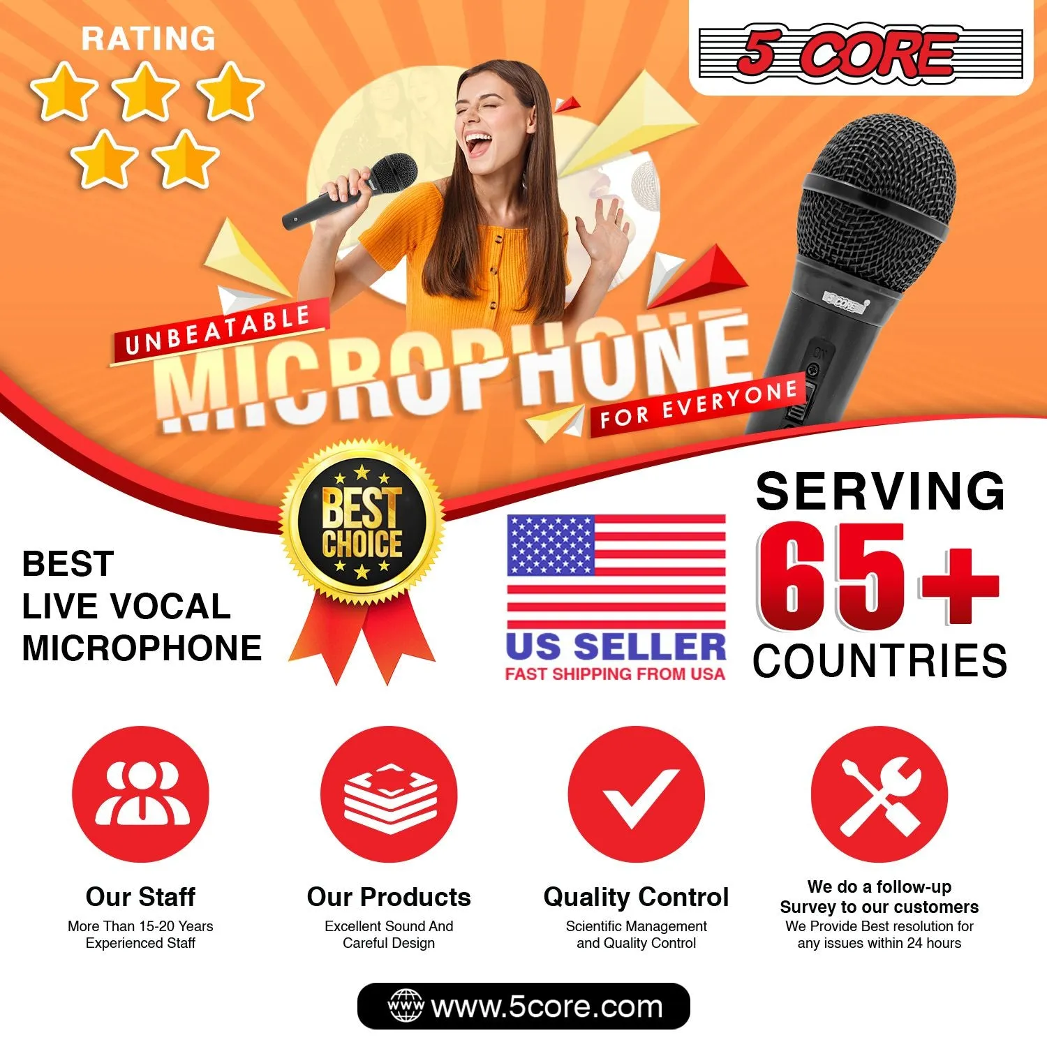 5 CORE Microphone Dynamic Vocal Handheld Mic Cardioid Unidirectional Microfono w On Off Switch   XLR Audio Cable for Singing Karaoke Public Speaking & Parties - PM 1O1 BLK