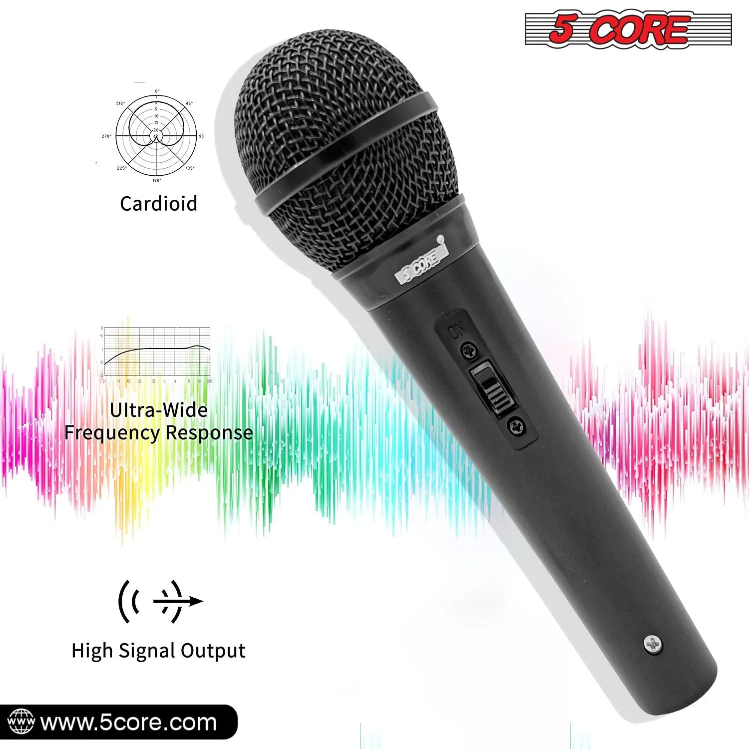 5 CORE Microphone Dynamic Vocal Handheld Mic Cardioid Unidirectional Microfono w On Off Switch   XLR Audio Cable for Singing Karaoke Public Speaking & Parties - PM 1O1 BLK