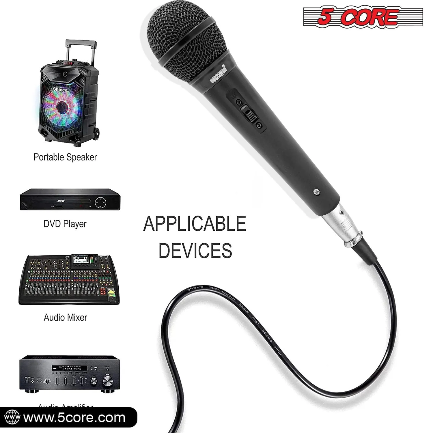 5 CORE Microphone Dynamic Vocal Handheld Mic Cardioid Unidirectional Microfono w On Off Switch   XLR Audio Cable for Singing Karaoke Public Speaking & Parties - PM 1O1 BLK