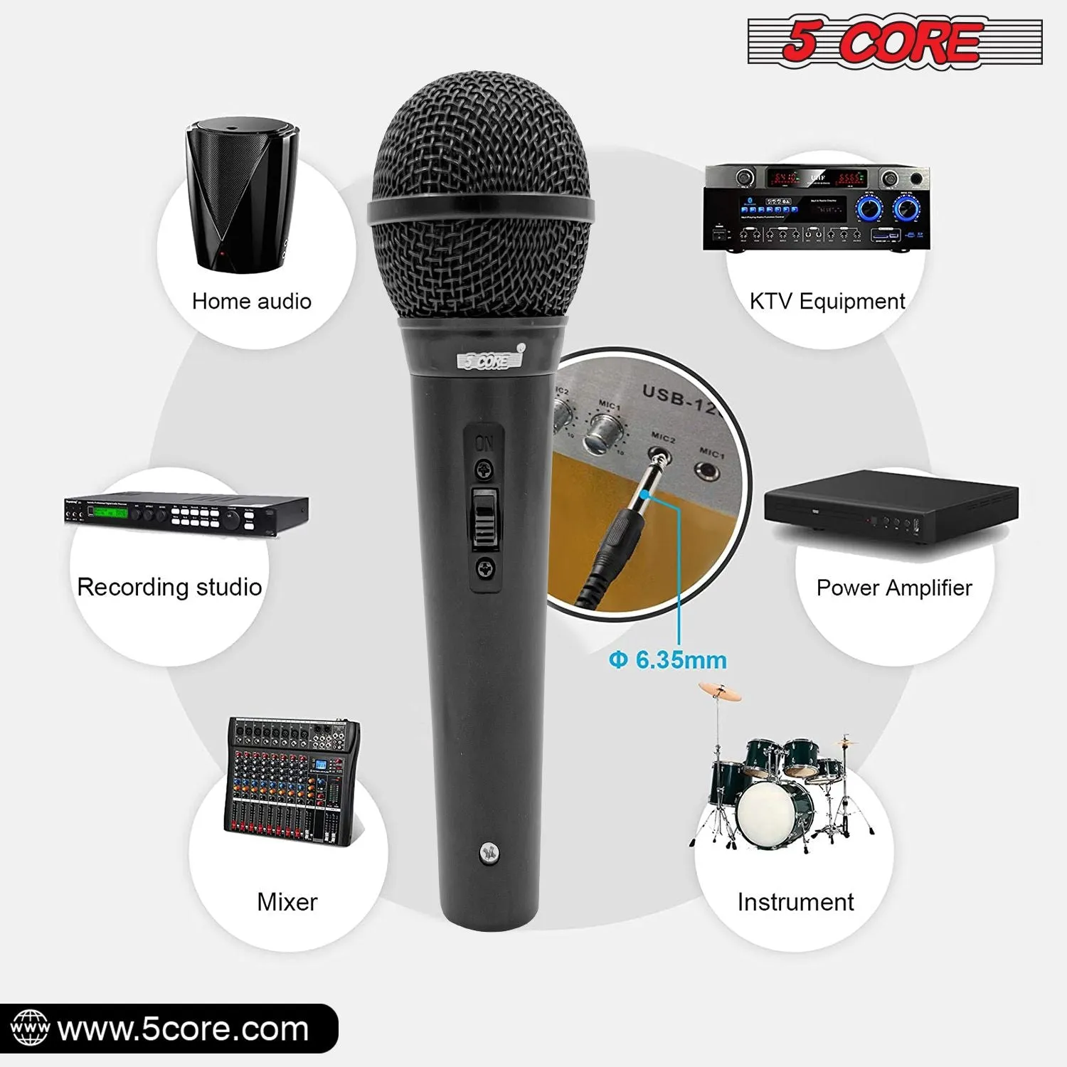 5 CORE Microphone Dynamic Vocal Handheld Mic Cardioid Unidirectional Microfono w On Off Switch   XLR Audio Cable for Singing Karaoke Public Speaking & Parties - PM 1O1 BLK