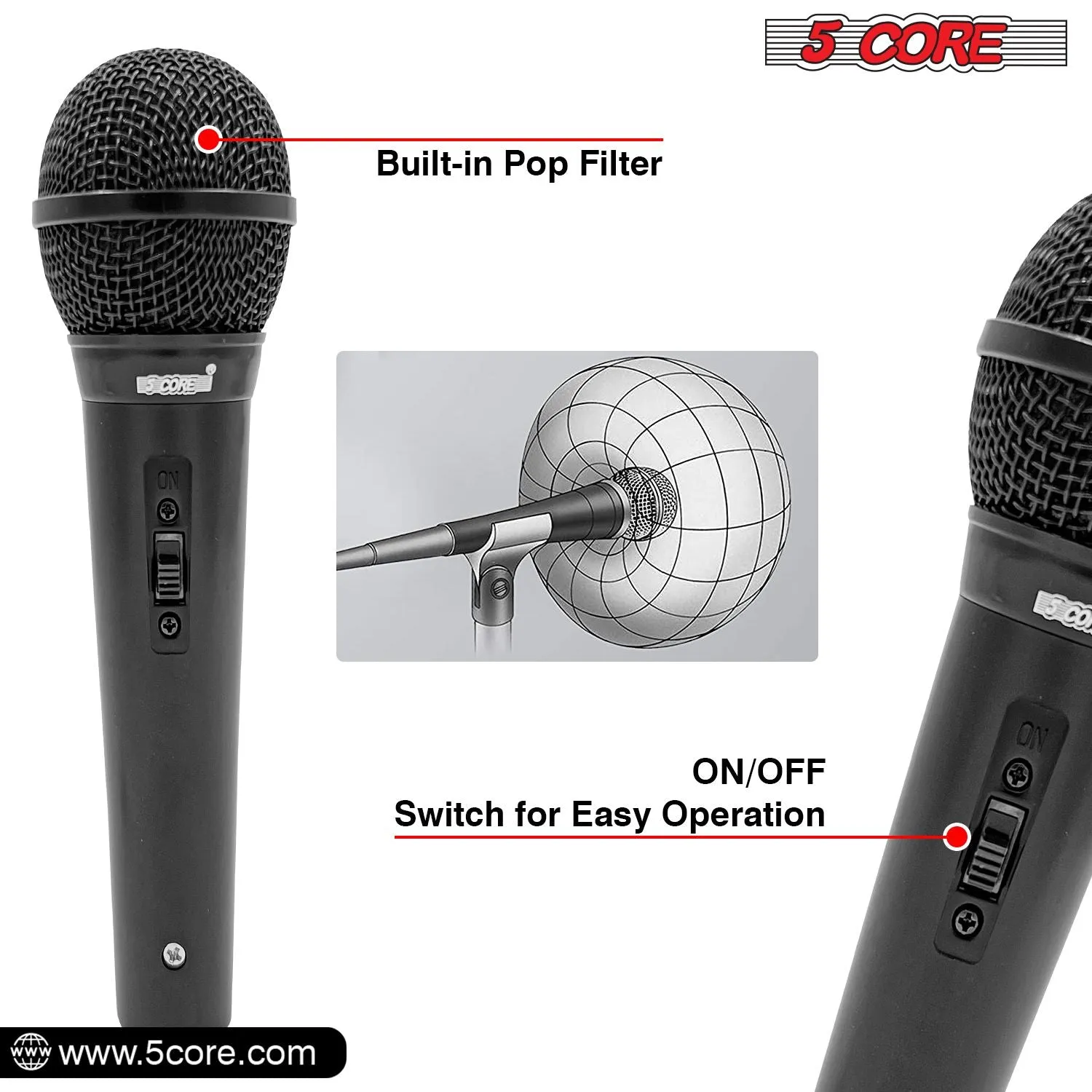 5 CORE Microphone Dynamic Vocal Handheld Mic Cardioid Unidirectional Microfono w On Off Switch   XLR Audio Cable for Singing Karaoke Public Speaking & Parties - PM 1O1 BLK