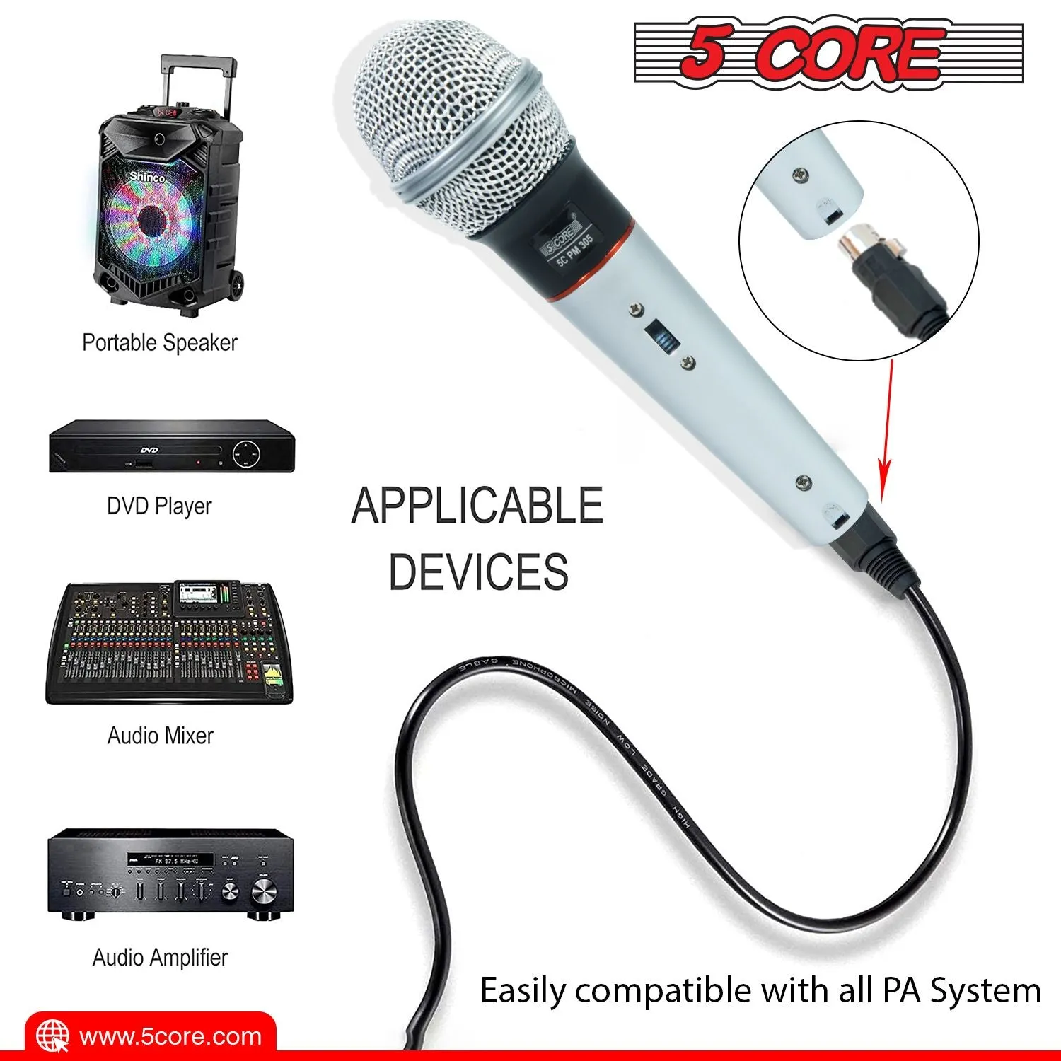 5 CORE Microphone Dynamic Vocal Handheld Mic Cardioid Unidirectional Microfono w On Off Switch   XLR Audio Cable for Singing Karaoke Public Speaking & Parties - PM 305