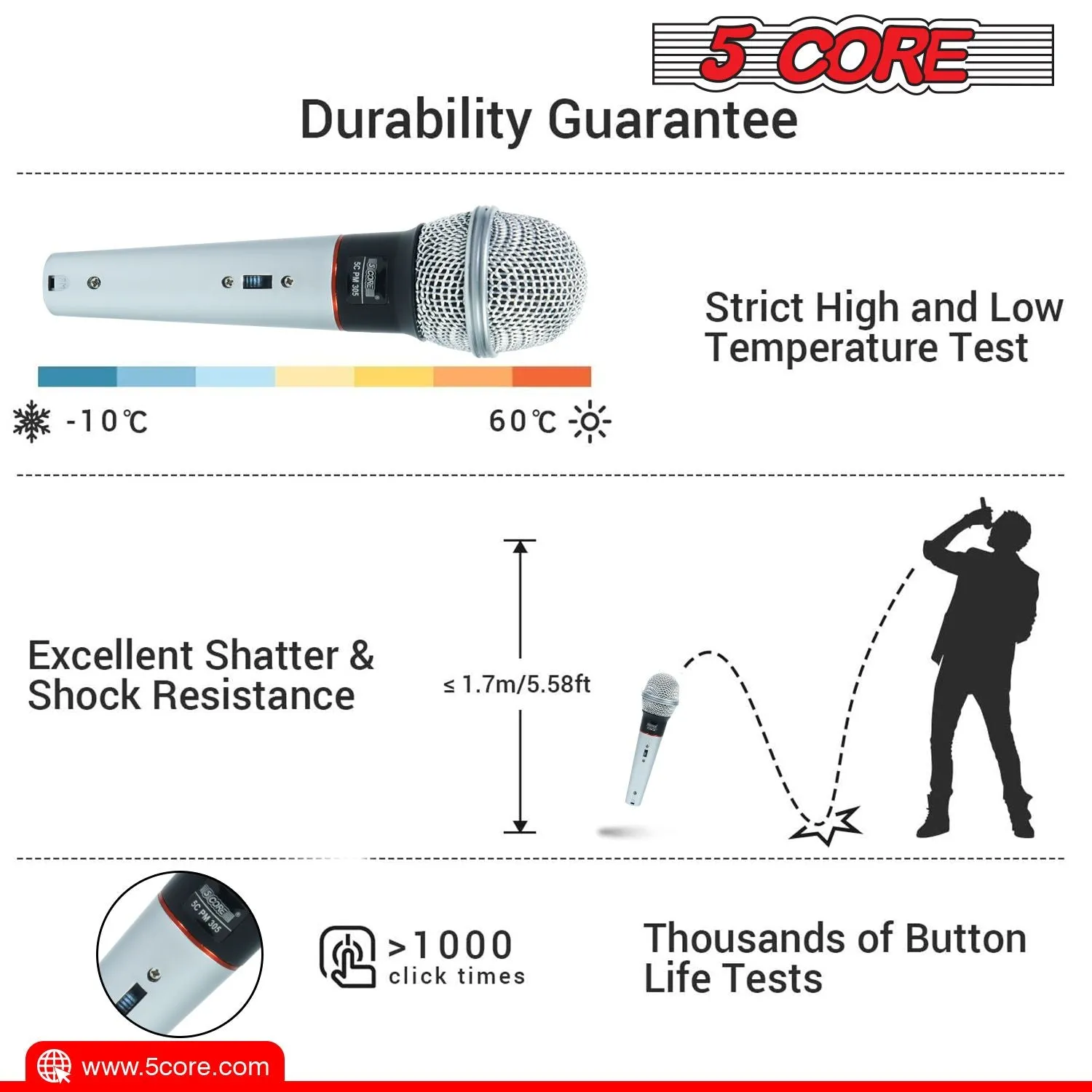 5 CORE Microphone Dynamic Vocal Handheld Mic Cardioid Unidirectional Microfono w On Off Switch   XLR Audio Cable for Singing Karaoke Public Speaking & Parties - PM 305
