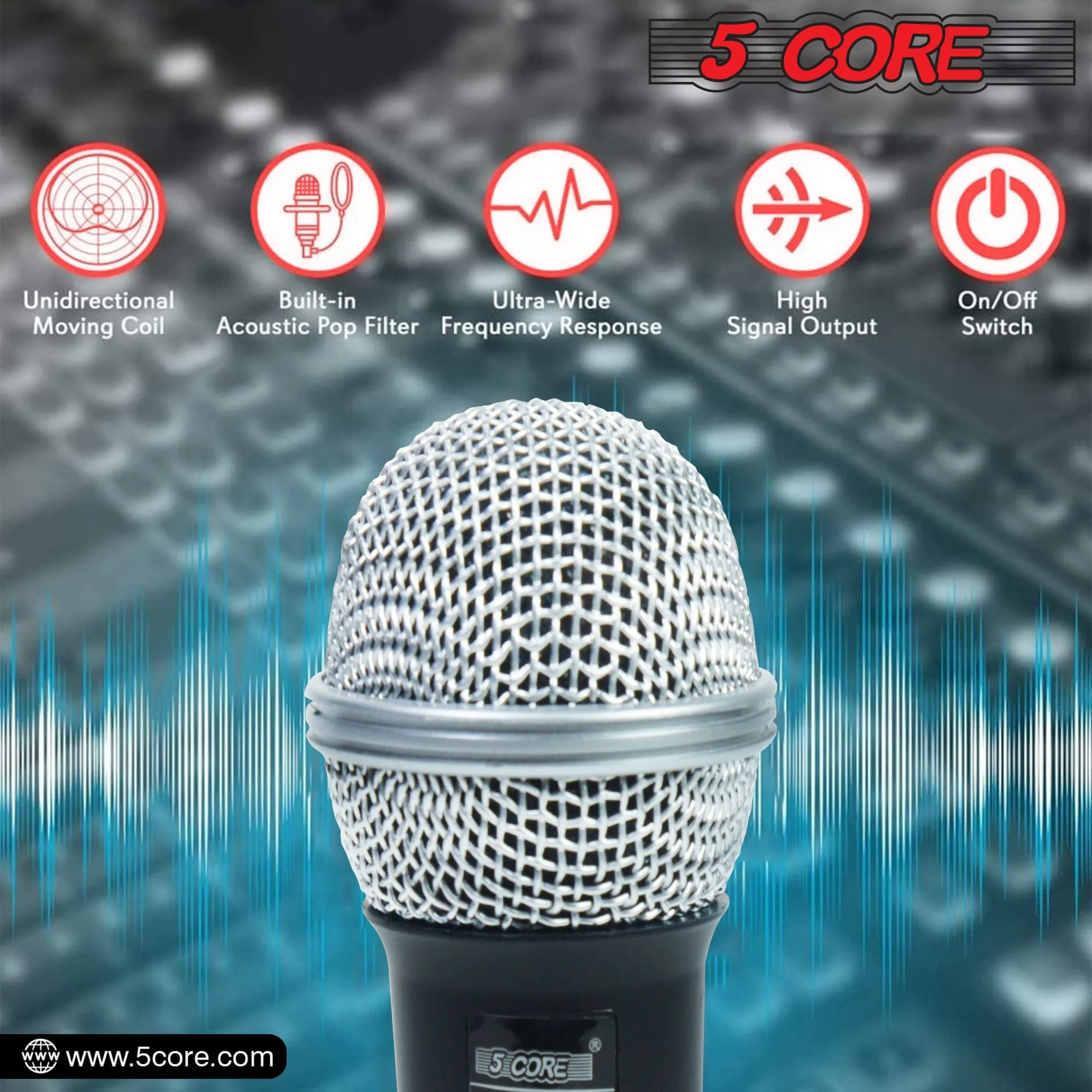 5 CORE Microphone Dynamic Vocal Handheld Mic Cardioid Unidirectional Microfono w On Off Switch   XLR Audio Cable for Singing Karaoke Public Speaking & Parties - PM 305