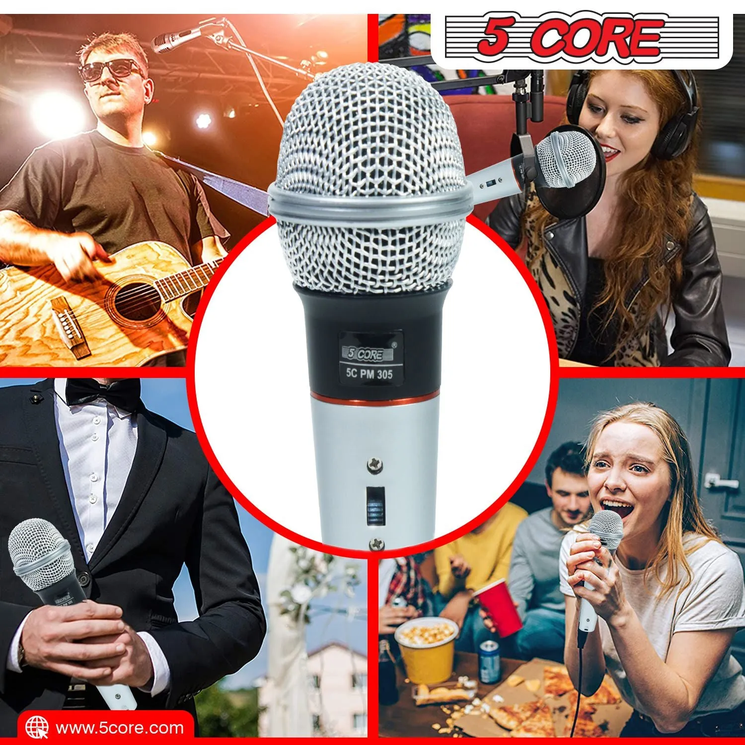 5 CORE Microphone Dynamic Vocal Handheld Mic Cardioid Unidirectional Microfono w On Off Switch   XLR Audio Cable for Singing Karaoke Public Speaking & Parties - PM 305