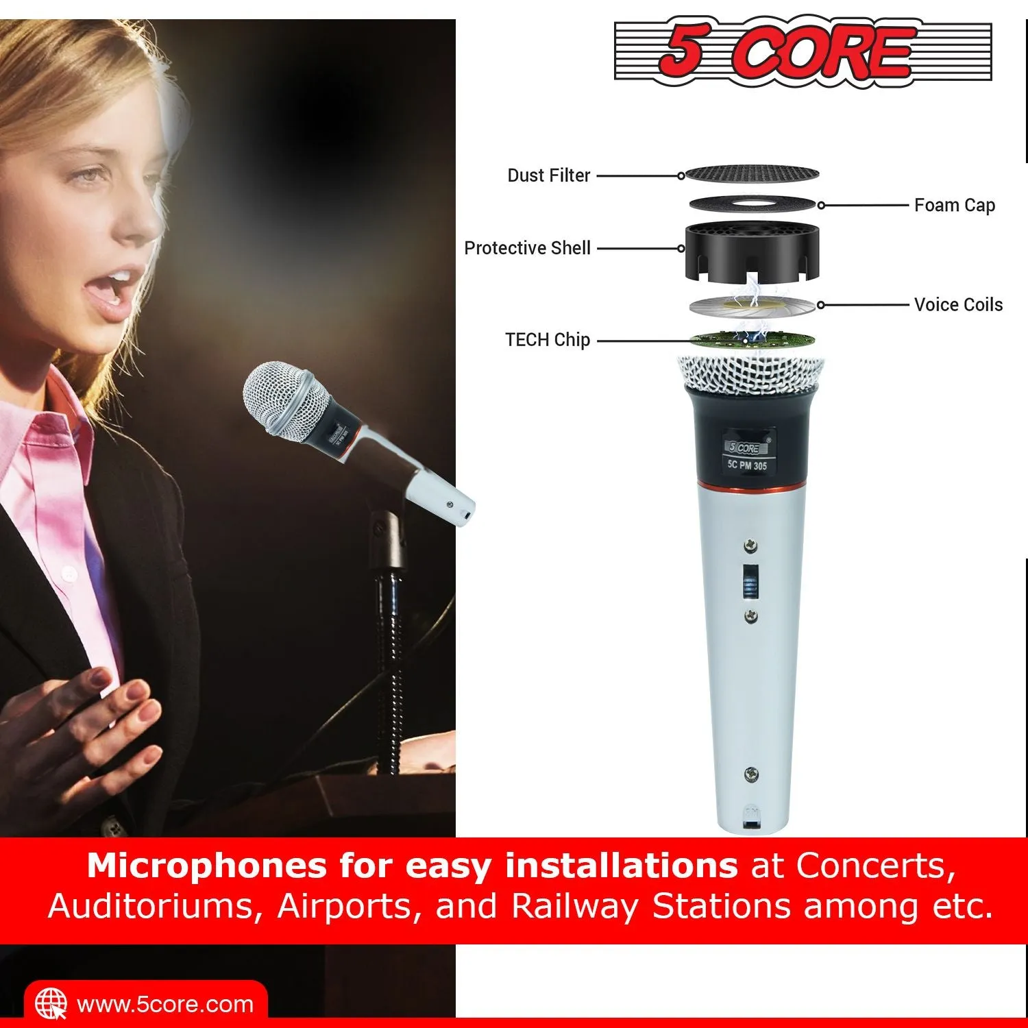 5 CORE Microphone Dynamic Vocal Handheld Mic Cardioid Unidirectional Microfono w On Off Switch   XLR Audio Cable for Singing Karaoke Public Speaking & Parties - PM 305