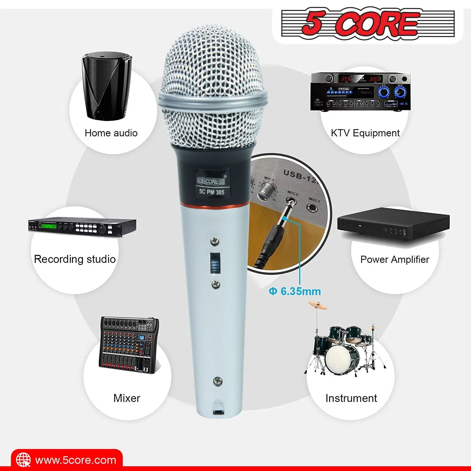5 CORE Microphone Dynamic Vocal Handheld Mic Cardioid Unidirectional Microfono w On Off Switch   XLR Audio Cable for Singing Karaoke Public Speaking & Parties - PM 305