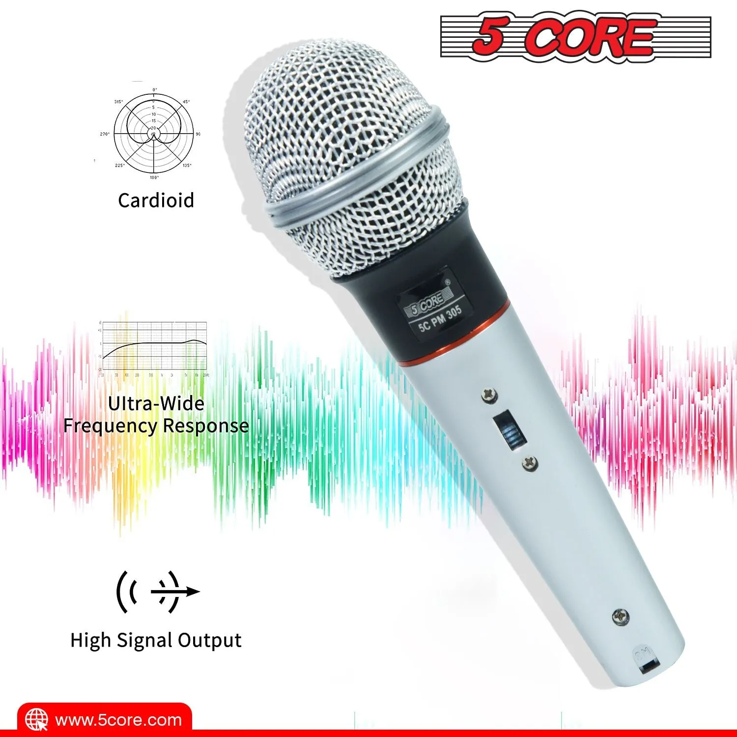 5 CORE Microphone Dynamic Vocal Handheld Mic Cardioid Unidirectional Microfono w On Off Switch   XLR Audio Cable for Singing Karaoke Public Speaking & Parties - PM 305