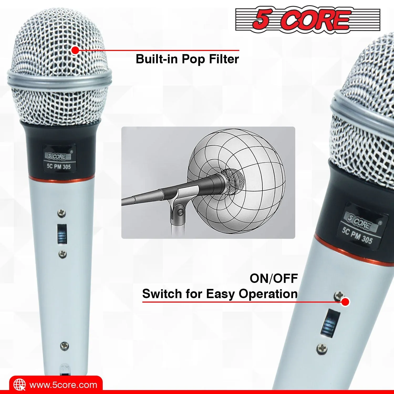 5 CORE Microphone Dynamic Vocal Handheld Mic Cardioid Unidirectional Microfono w On Off Switch   XLR Audio Cable for Singing Karaoke Public Speaking & Parties - PM 305