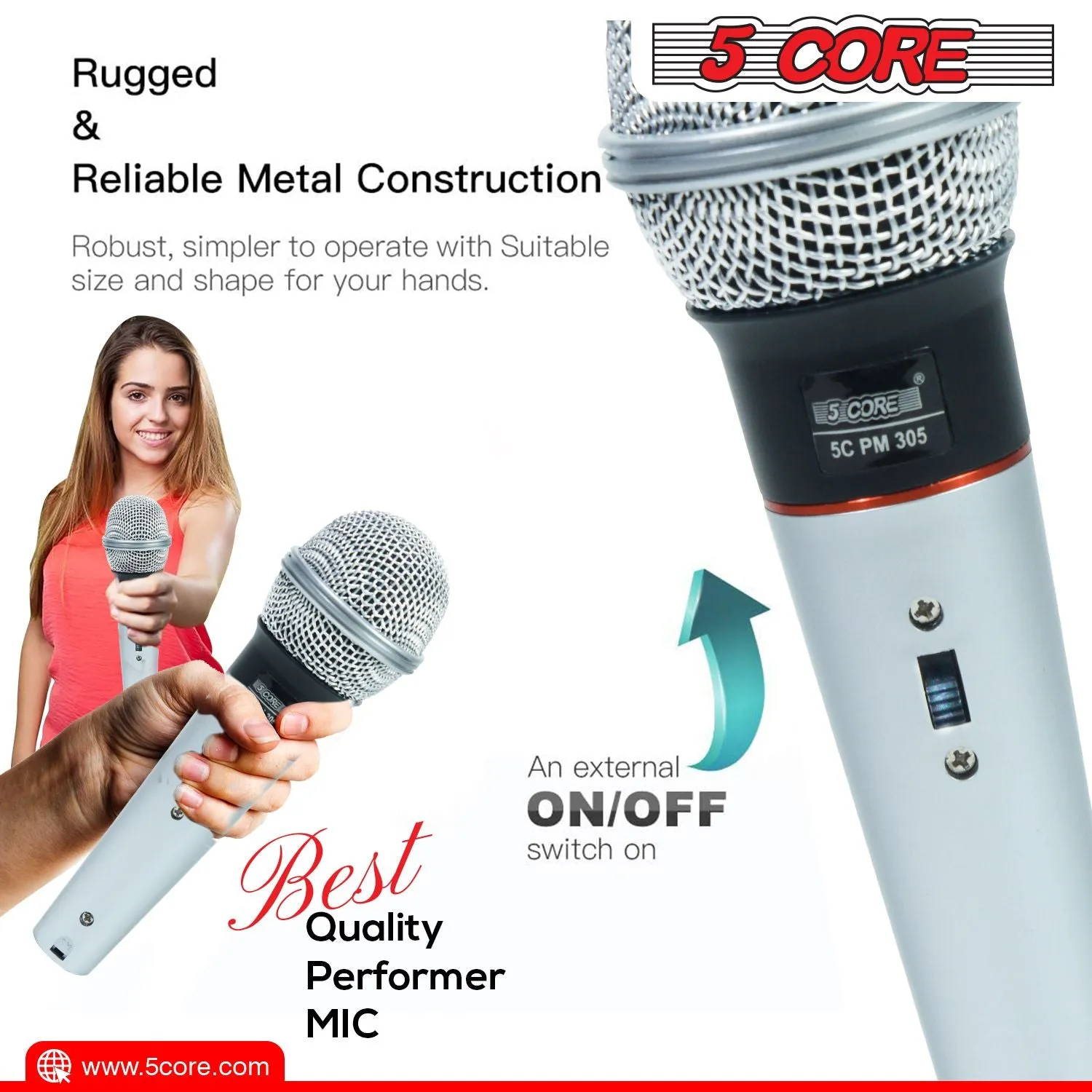 5 CORE Microphone Dynamic Vocal Handheld Mic Cardioid Unidirectional Microfono w On Off Switch   XLR Audio Cable for Singing Karaoke Public Speaking & Parties - PM 305