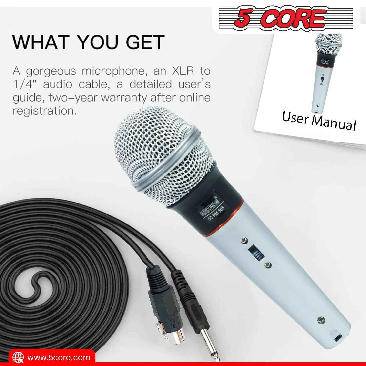 5 CORE Microphone Dynamic Vocal Handheld Mic Cardioid Unidirectional Microfono w On Off Switch   XLR Audio Cable for Singing Karaoke Public Speaking & Parties - PM 305