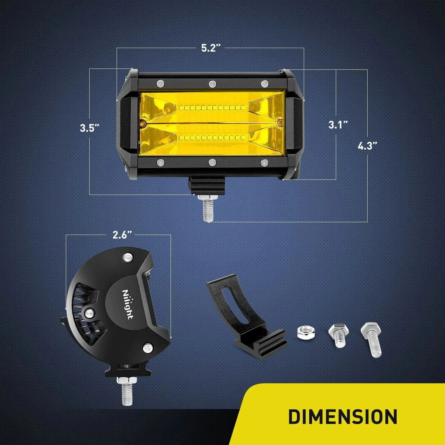 5.2 Inch 72W 10800LM Yellow Flood Led Light Bar Kit (Pair) | 16AWG Wire 3Pin Switch