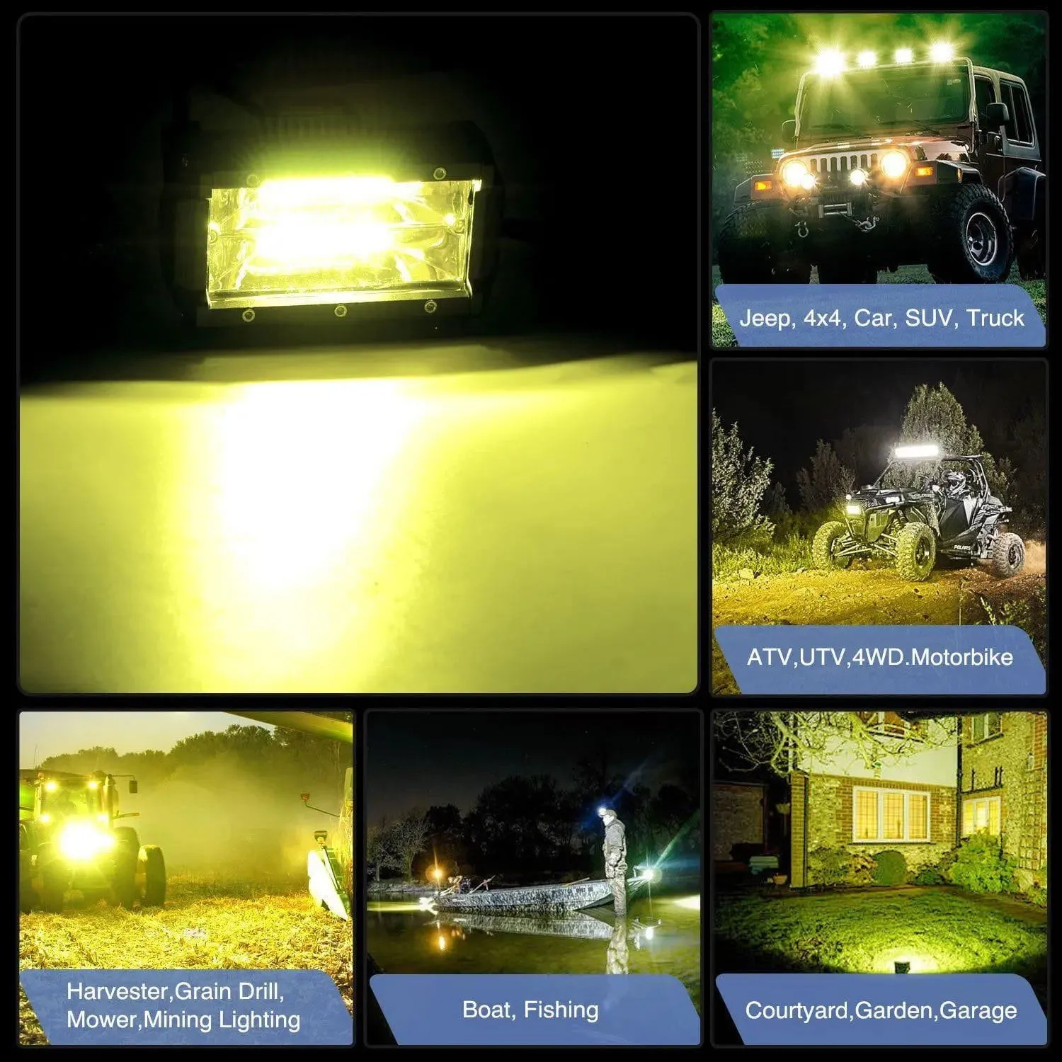 5.2 Inch 72W 10800LM Yellow Flood Led Light Bar Kit (Pair) | 16AWG Wire 3Pin Switch