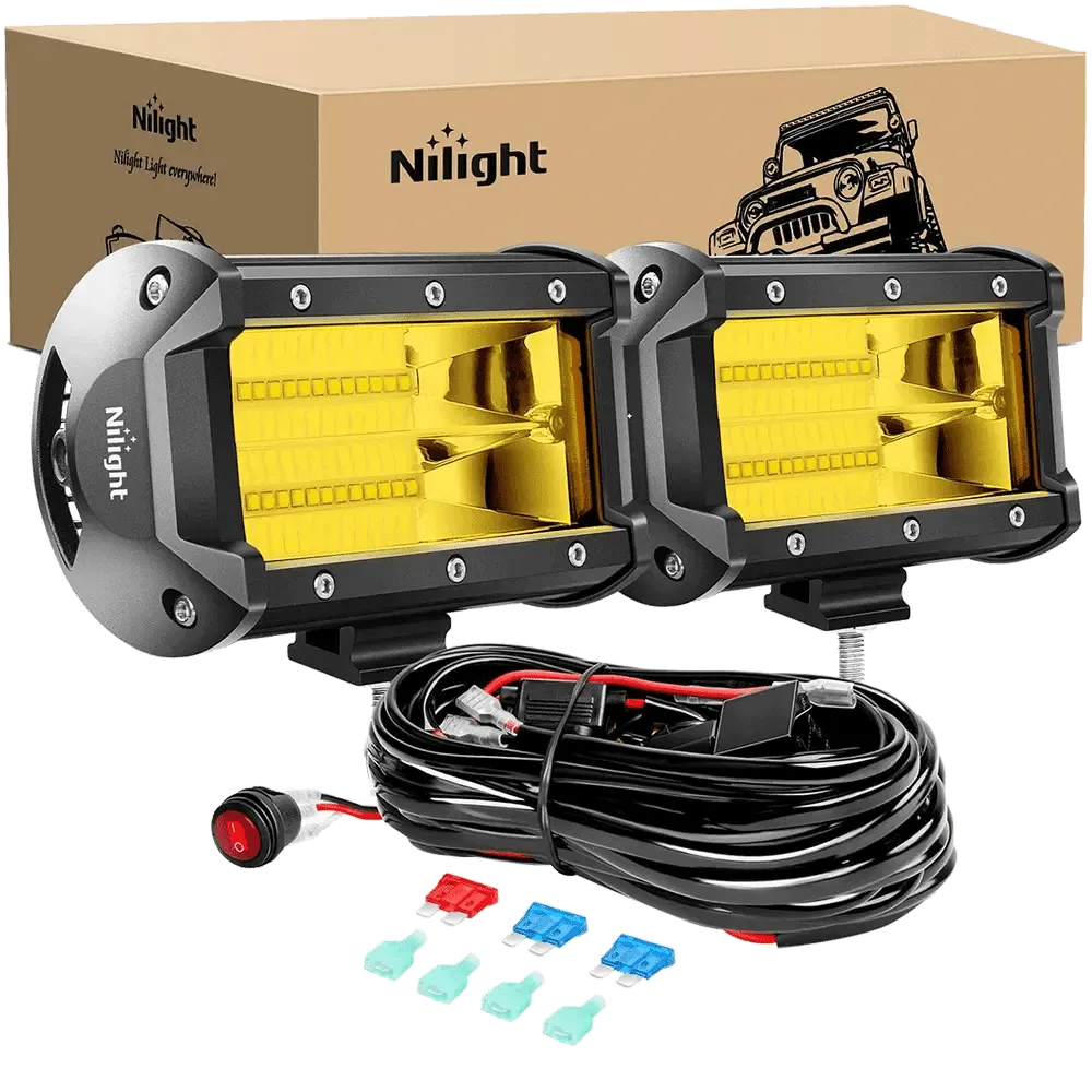 5.2 Inch 72W 10800LM Yellow Flood Led Light Bar Kit (Pair) | 16AWG Wire 3Pin Switch