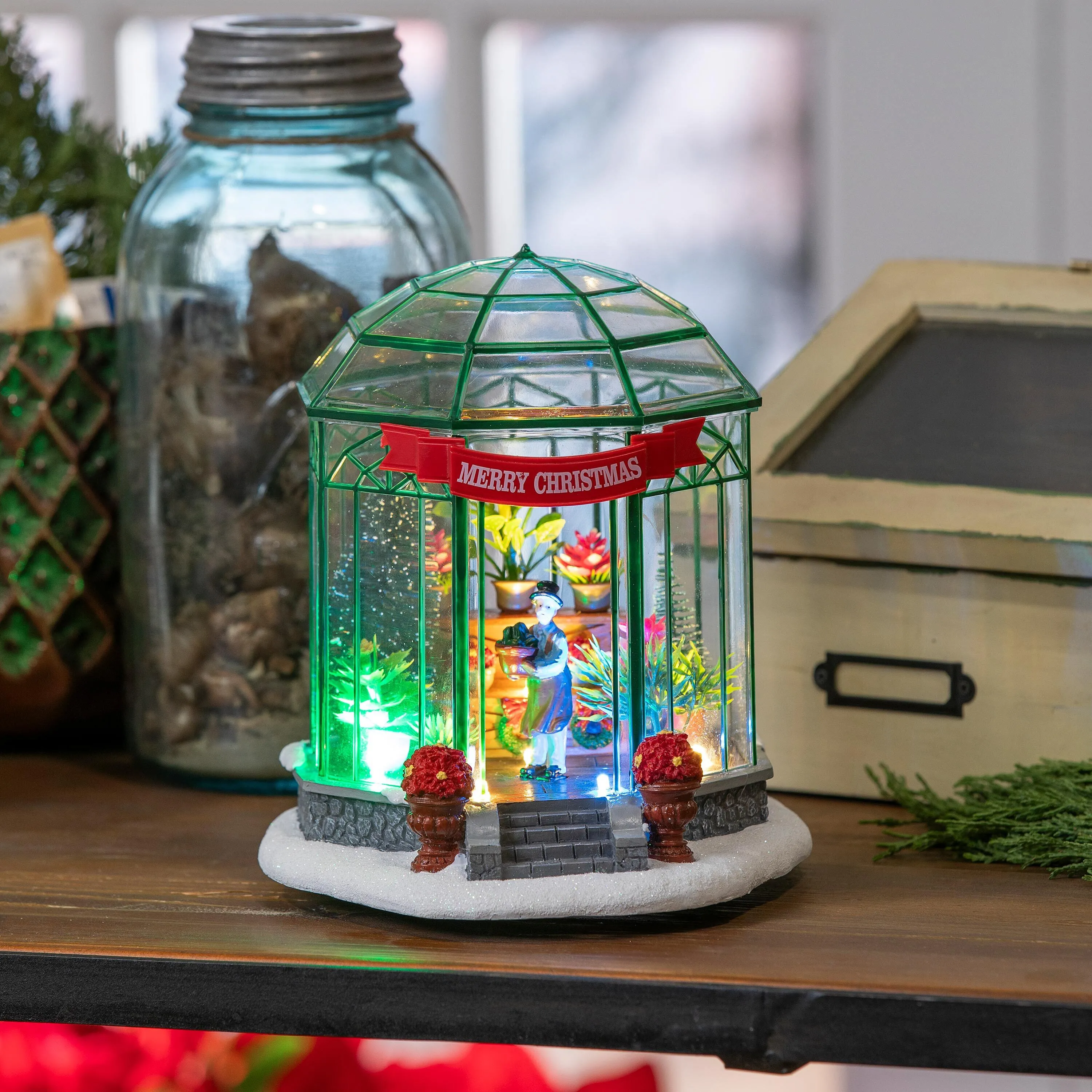 7.5" LED Resin Christmas Greenhouse with Music Table Decor