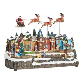 Animated Christmas Snowy Village LED Lights Musical Flying Santa Sleigh