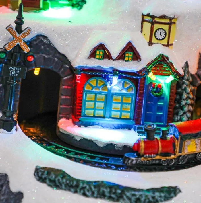 Animated Christmas Village Snowy Mountain with Rotating Train Skaters Musical and LED Lights