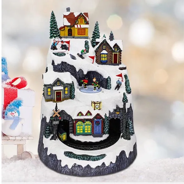 Animated Christmas Village Snowy Mountain with Rotating Train Skaters Musical and LED Lights