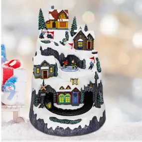 Animated Christmas Village Snowy Mountain with Rotating Train Skaters Musical and LED Lights