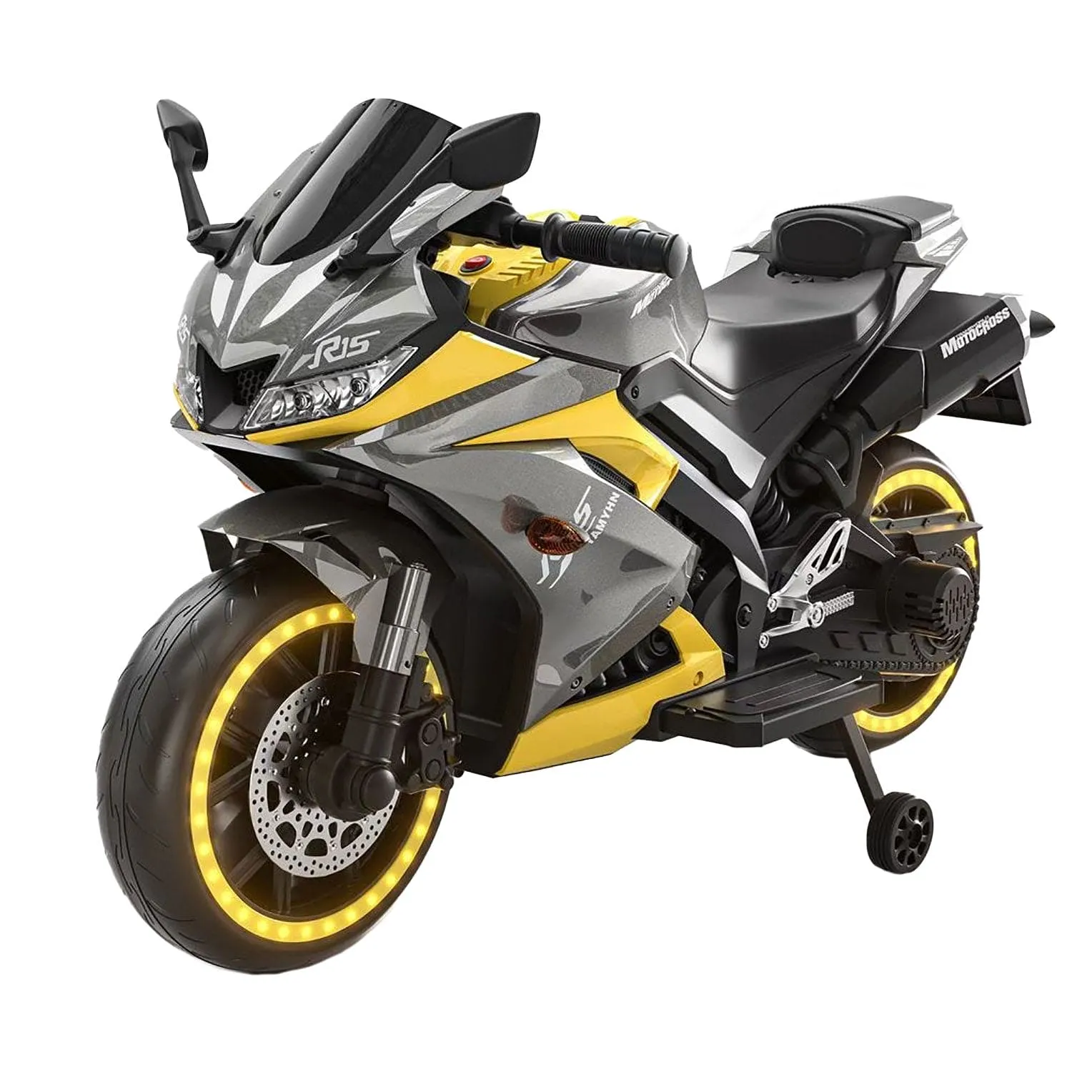 Baby Moo R15 Rechargeable 12V Battery Operated Ride On Bike for Kids with LED Lights, Music, and USB Port - Yellow