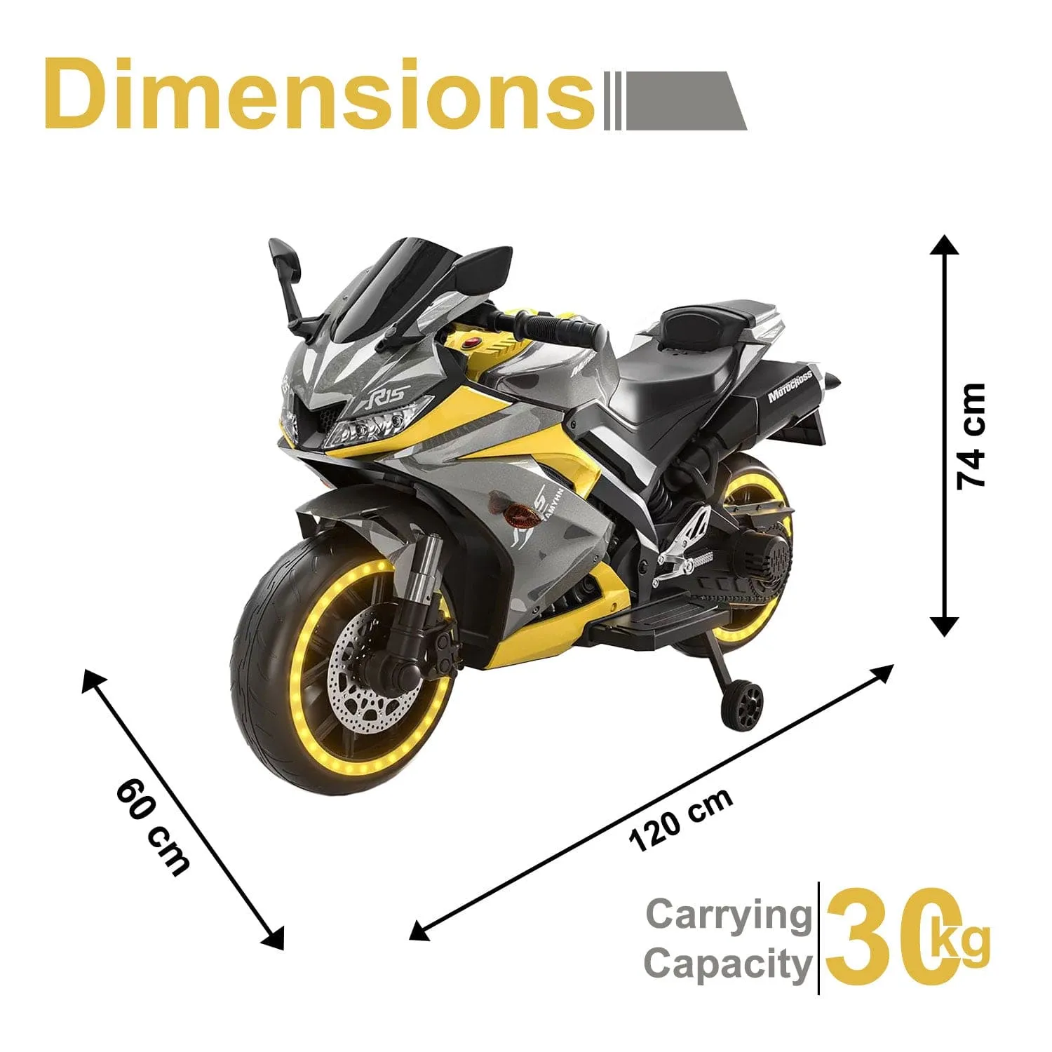 Baby Moo R15 Rechargeable 12V Battery Operated Ride On Bike for Kids with LED Lights, Music, and USB Port - Yellow