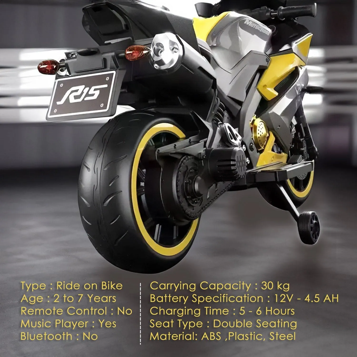 Baby Moo R15 Rechargeable 12V Battery Operated Ride On Bike for Kids with LED Lights, Music, and USB Port - Yellow