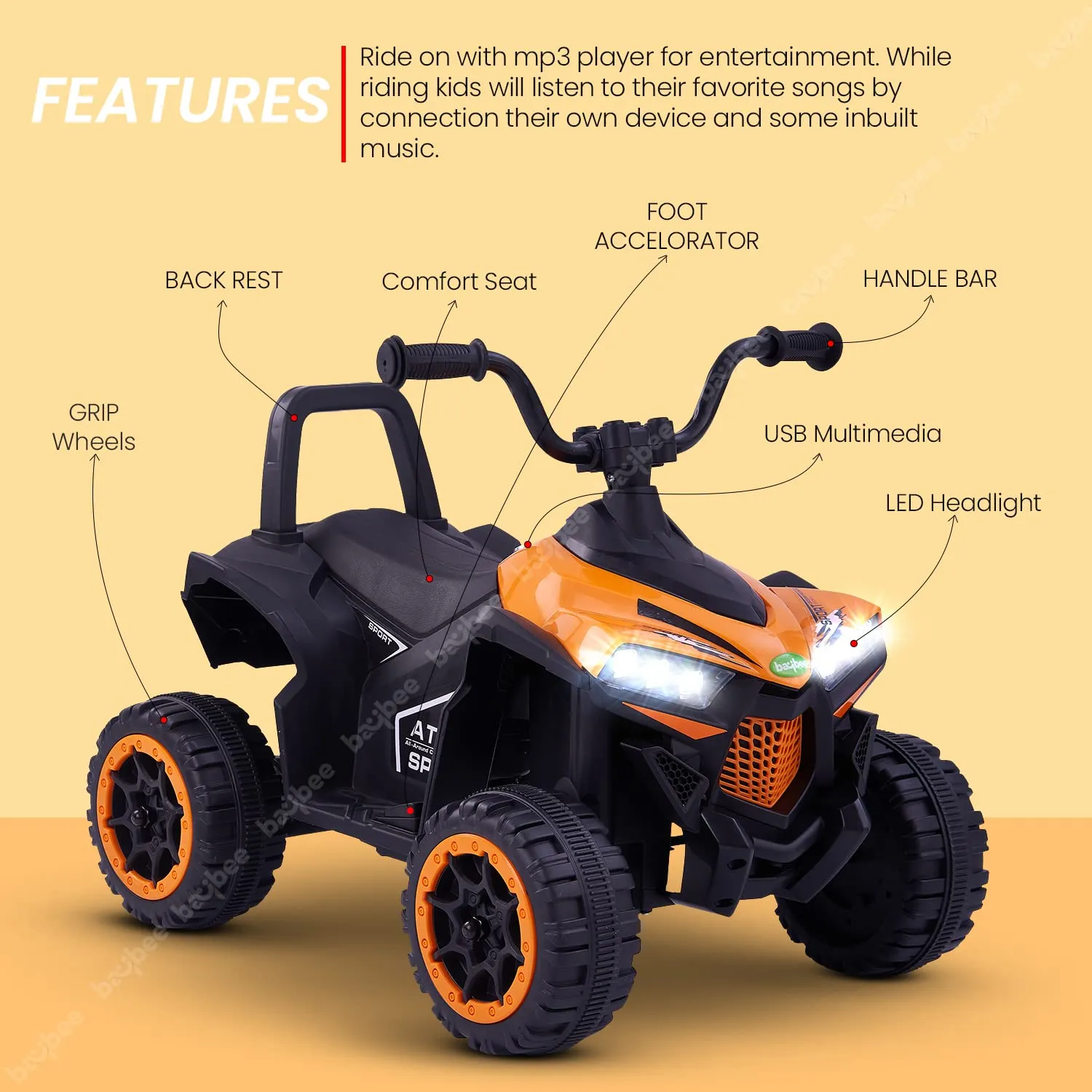Baybee ATV Rechargeable Battery Operated Ride on Electric Kids Bike, Kids Ride on Baby Bike with LED Light, USB Port, Music | Electric Bike for Kids to Drive 2 to 5 Years Boys Girls (Monster, Orange)
