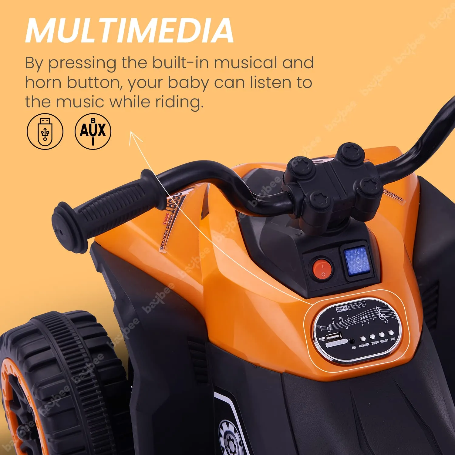 Baybee ATV Rechargeable Battery Operated Ride on Electric Kids Bike, Kids Ride on Baby Bike with LED Light, USB Port, Music | Electric Bike for Kids to Drive 2 to 5 Years Boys Girls (Monster, Orange)