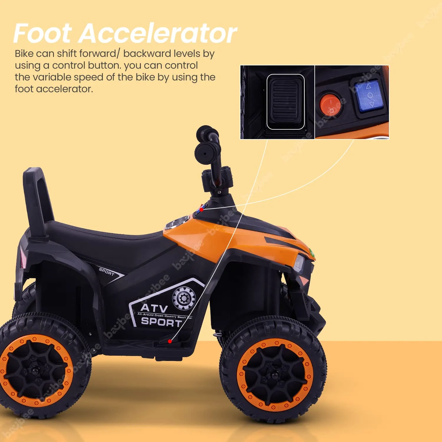 Baybee ATV Rechargeable Battery Operated Ride on Electric Kids Bike, Kids Ride on Baby Bike with LED Light, USB Port, Music | Electric Bike for Kids to Drive 2 to 5 Years Boys Girls (Monster, Orange)