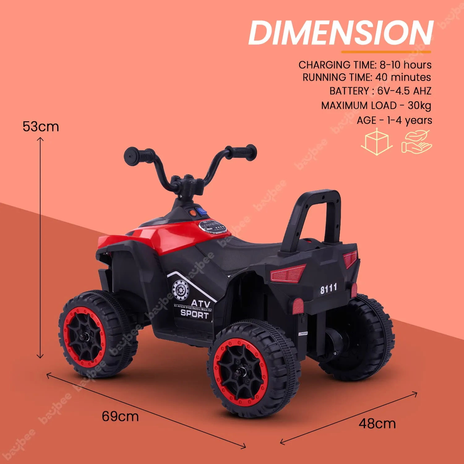 Baybee ATV Rechargeable Battery Operated Ride on Electric Kids Bike, Kids Ride on Baby Bike with LED Light, USB Port, Music | Electric Bike for Kids to Drive 2 to 5 Years Boys Girls (Monster, Red)