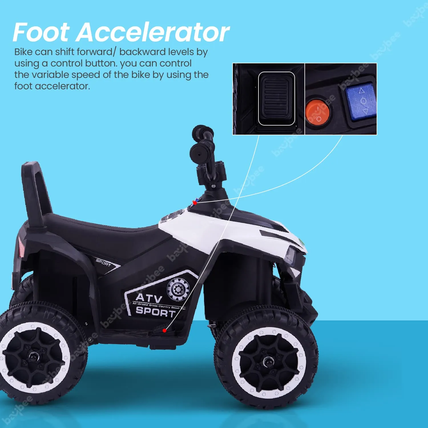 Baybee ATV Rechargeable Battery Operated Ride on Electric Kids Bike, Kids Ride on Baby Bike with LED Light, USB Port, Music | Electric Bike for Kids to Drive 2 to 5 Years Boys Girls (Monster, White)