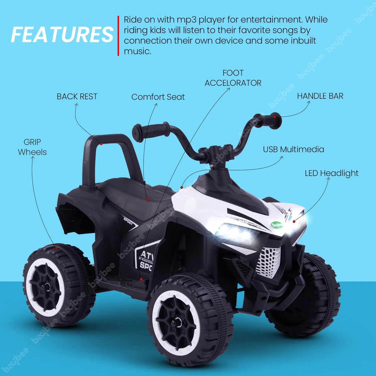 Baybee ATV Rechargeable Battery Operated Ride on Electric Kids Bike, Kids Ride on Baby Bike with LED Light, USB Port, Music | Electric Bike for Kids to Drive 2 to 5 Years Boys Girls (Monster, White)