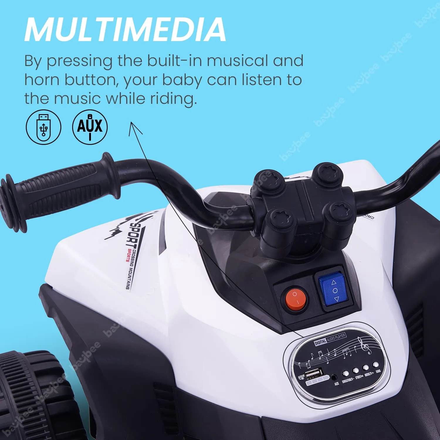 Baybee ATV Rechargeable Battery Operated Ride on Electric Kids Bike, Kids Ride on Baby Bike with LED Light, USB Port, Music | Electric Bike for Kids to Drive 2 to 5 Years Boys Girls (Monster, White)