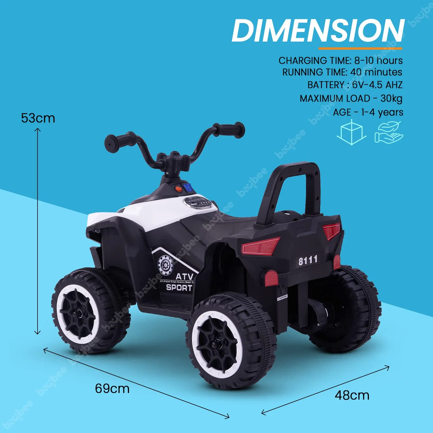 Baybee ATV Rechargeable Battery Operated Ride on Electric Kids Bike, Kids Ride on Baby Bike with LED Light, USB Port, Music | Electric Bike for Kids to Drive 2 to 5 Years Boys Girls (Monster, White)