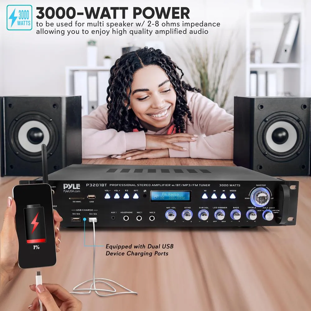 Bluetooth Hybrid Amplifier Receiver - Pro Audio Multi-Channel Stereo Pre-Amplifier With Usb Charge & Digital Optical/Coax, Mp3/Usb/Sd Readers, Fm/Am Radio, Rack Mount (3000 Watt)