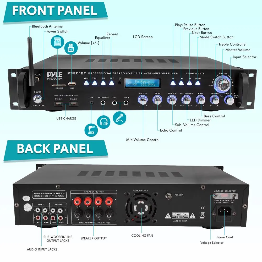 Bluetooth Hybrid Amplifier Receiver - Pro Audio Multi-Channel Stereo Pre-Amplifier With Usb Charge & Digital Optical/Coax, Mp3/Usb/Sd Readers, Fm/Am Radio, Rack Mount (3000 Watt)