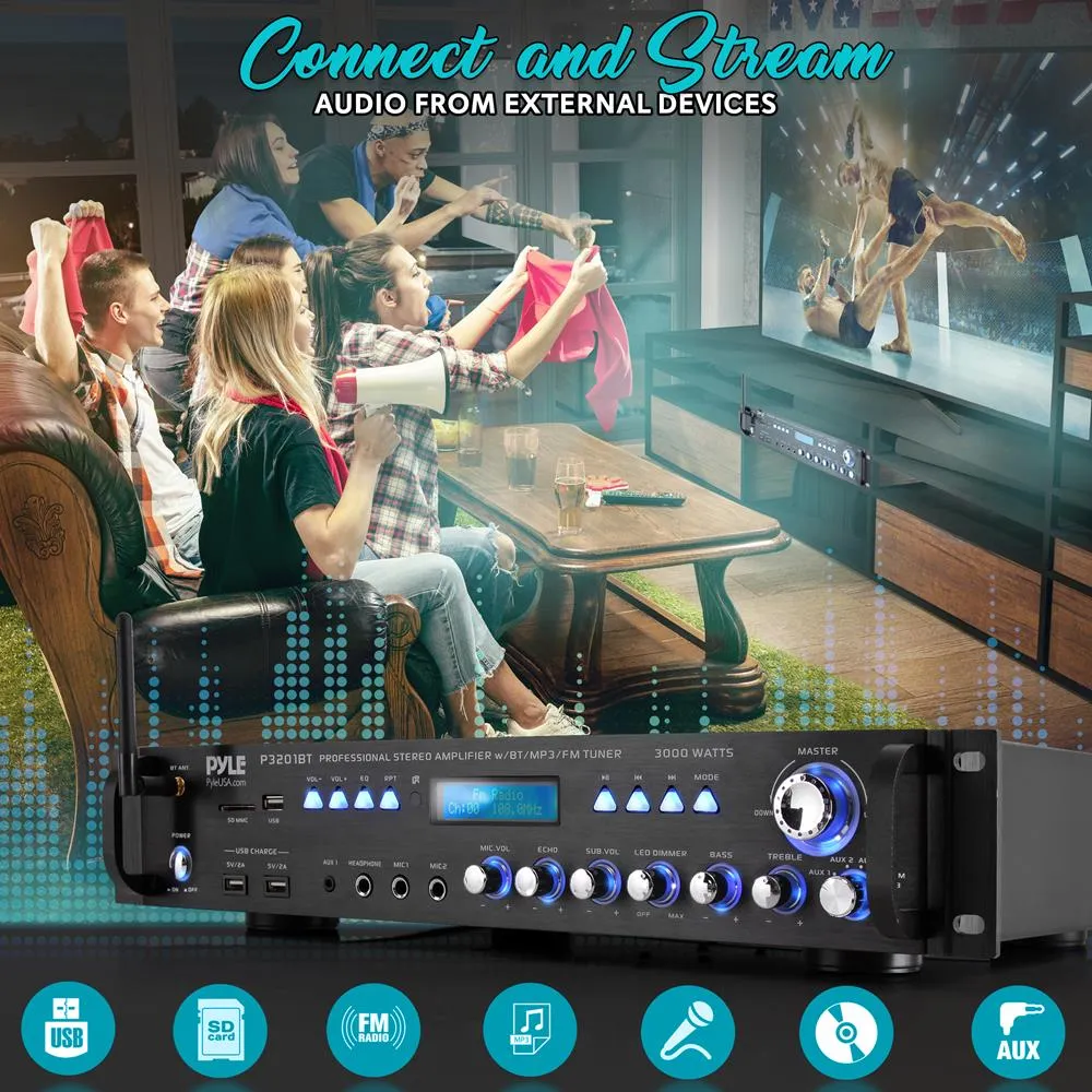 Bluetooth Hybrid Amplifier Receiver - Pro Audio Multi-Channel Stereo Pre-Amplifier With Usb Charge & Digital Optical/Coax, Mp3/Usb/Sd Readers, Fm/Am Radio, Rack Mount (3000 Watt)