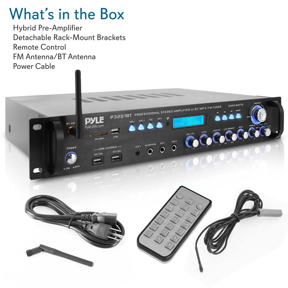 Bluetooth Hybrid Amplifier Receiver - Pro Audio Multi-Channel Stereo Pre-Amplifier With Usb Charge & Digital Optical/Coax, Mp3/Usb/Sd Readers, Fm/Am Radio, Rack Mount (3000 Watt)