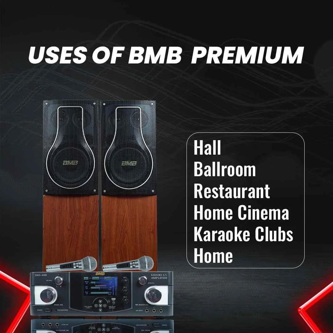 BMB Premium Package 150 150W RMS Dynamic Stereo Speakers with 2 Dynamic Mic, Paper Cone 20CM Wooden Woofers, 3 Equalizer Bands, 8 ohms, Multi-Connectivity Home Theater Compatible with LED/LCD TVs