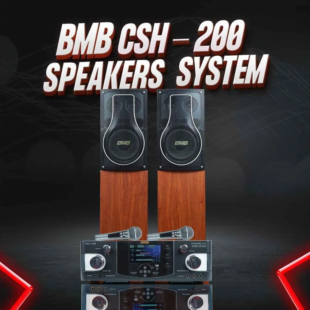 BMB Premium Package 150 150W RMS Dynamic Stereo Speakers with 2 Dynamic Mic, Paper Cone 20CM Wooden Woofers, 3 Equalizer Bands, 8 ohms, Multi-Connectivity Home Theater Compatible with LED/LCD TVs