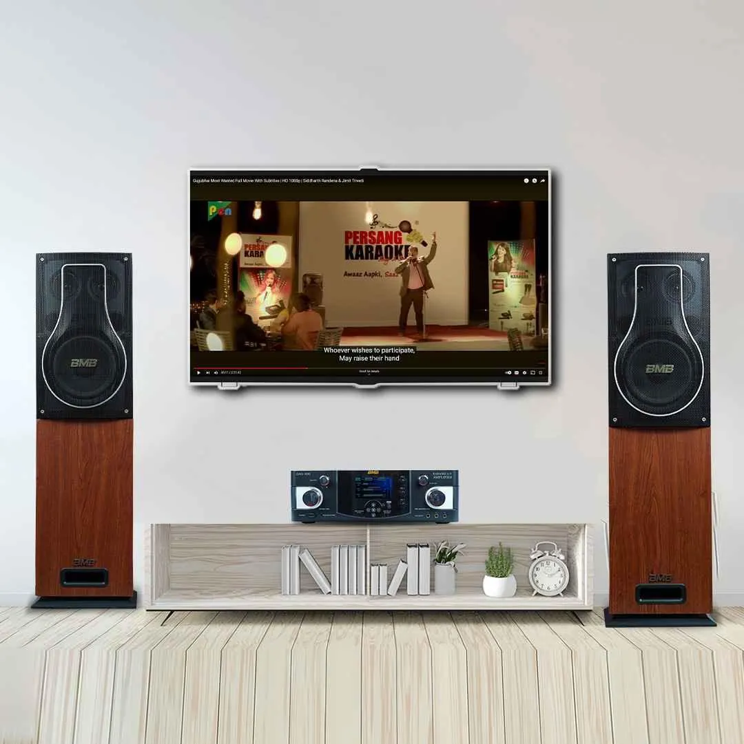BMB Premium Package 150 150W RMS Dynamic Stereo Speakers with 2 Dynamic Mic, Paper Cone 20CM Wooden Woofers, 3 Equalizer Bands, 8 ohms, Multi-Connectivity Home Theater Compatible with LED/LCD TVs