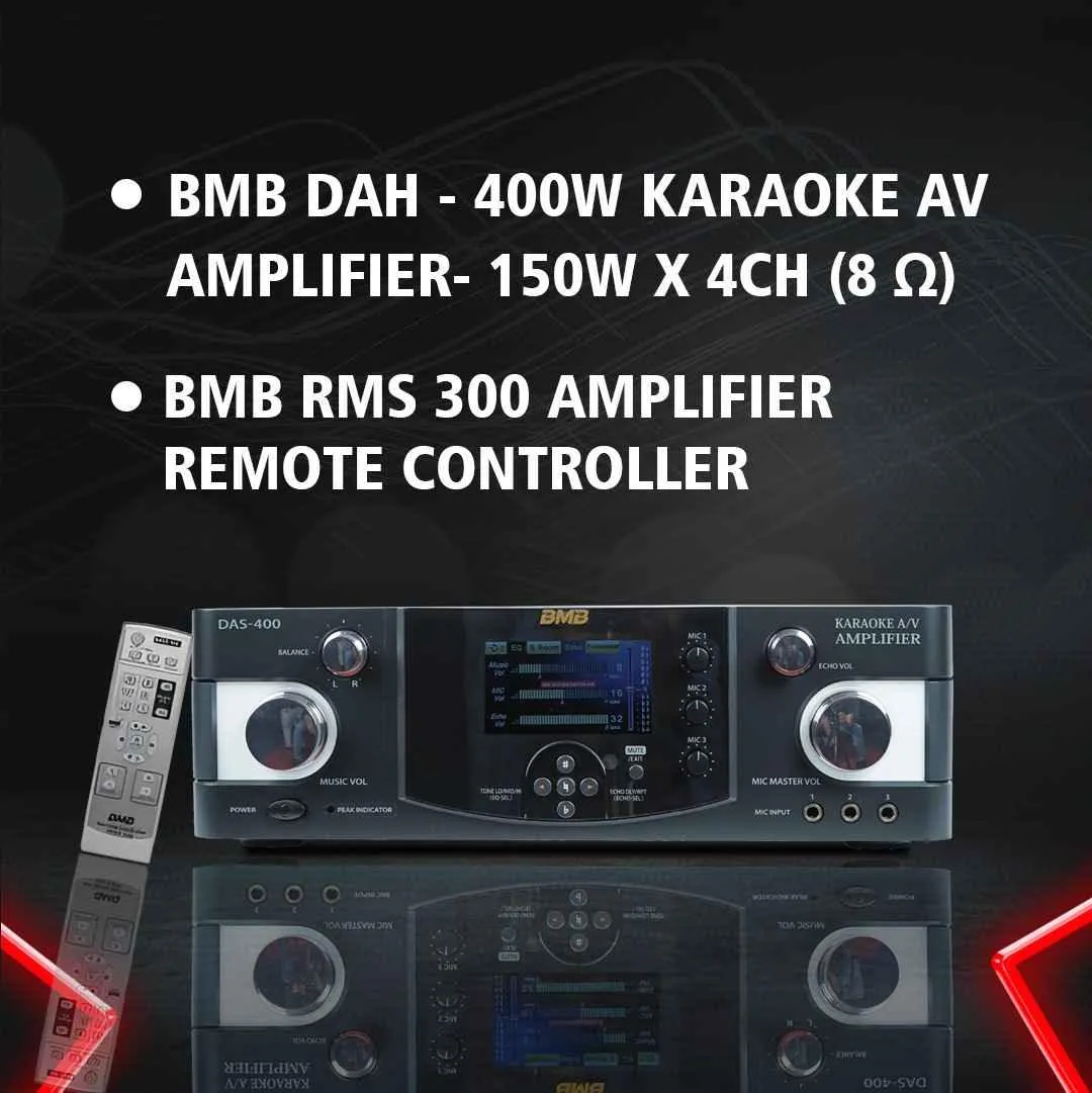 BMB Premium Package 150 150W RMS Dynamic Stereo Speakers with 2 Dynamic Mic, Paper Cone 20CM Wooden Woofers, 3 Equalizer Bands, 8 ohms, Multi-Connectivity Home Theater Compatible with LED/LCD TVs