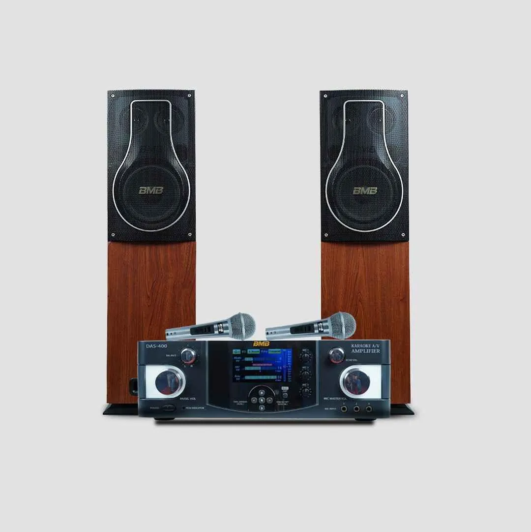 BMB Premium Package 150 150W RMS Dynamic Stereo Speakers with 2 Dynamic Mic, Paper Cone 20CM Wooden Woofers, 3 Equalizer Bands, 8 ohms, Multi-Connectivity Home Theater Compatible with LED/LCD TVs