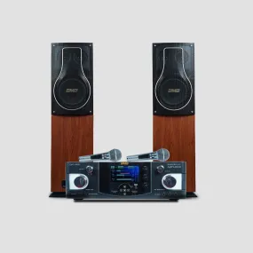 BMB Premium Package 150 150W RMS Dynamic Stereo Speakers with 2 Dynamic Mic, Paper Cone 20CM Wooden Woofers, 3 Equalizer Bands, 8 ohms, Multi-Connectivity Home Theater Compatible with LED/LCD TVs