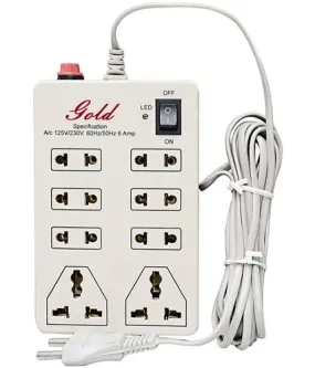 Dealsplant 6 Amp ABS Plastic Gold Mini Strip Multi Plug Extension Cord, 8 Sockets, 3 M