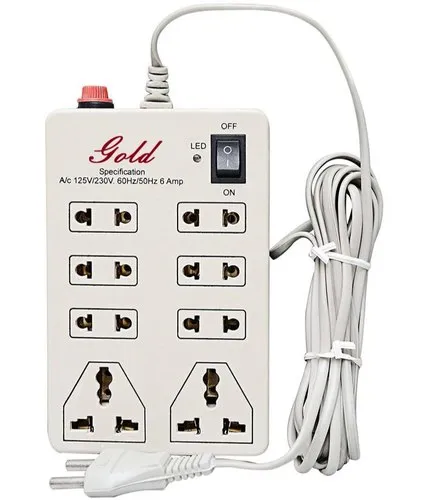 Dealsplant 6 Amp ABS Plastic Gold Mini Strip Multi Plug Extension Cord, 8 Sockets, 3 M